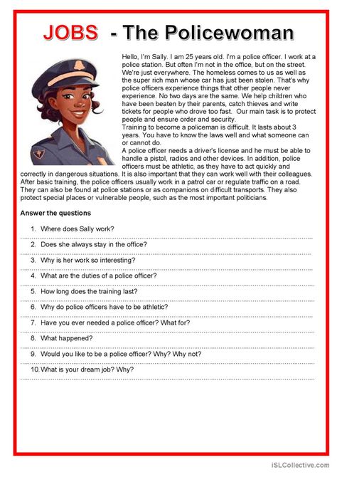 Jobs - The police woman general read…: English ESL worksheets pdf & doc Presente Simple, Read English, Esl Reading, Reading Comprehension Lessons, English Activities For Kids, English Exercises, English Phrases Idioms, Learning English For Kids, Essay Writing Skills