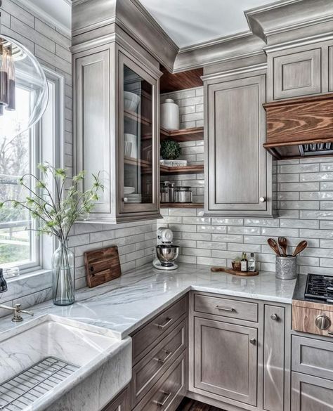 Gray Wash Cabinets Kitchen, Gray Farmhouse, Rustic Gray Kitchen Cabinets, Gray Distressed Kitchen Cabinets, Hickory Cabinets With Grey Flooring, Best Gray For Kitchen Cabinets Rustic, Modern Farm Kitchen, Modern Farmhouse Kitchen Cabinets, Distressed Kitchen Cabinets