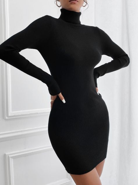 Black Elegant  Long Sleeve Acrylic Plain  Embellished Slight Stretch Fall/Winter Women Knitwear Turtle Neck Outfit Women, Black Turtleneck Dress, Black Plain Dress, Tight Black Dress, Knitted Jumper Dress, Turtleneck Outfit, Black Dresses Classy, Bodycon Sweater, Bodycon Sweater Dress