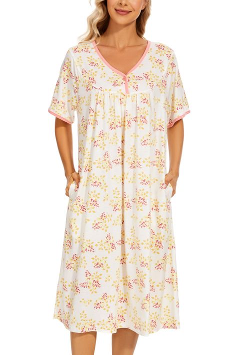 PRICES MAY VARY. night gowns for adult women is made of 35% Cotton 65%Polyester, breathable, Lightwight, Cool and Comfortable. This is a Womens nightgown for home wear and sleep, we believe it can bring you excellent comfort experience. Women's sleepwear featuring a discreet V-neck, A-line contour, short sleeves, and two pockets, features a contrast color collar and cuffs and combined with a rich print .with a beautiful pleat in the front, leaves more room for you, looks great on any body type. Nightie Pattern Women, Womens Nightgown, Womens Nightgowns, Cotton Night Dress, Summer Sleepwear, Muumuu Dress, Night Gowns, Cotton Nightgown, Cotton Sleepwear