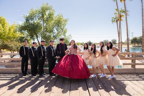 Red Quinceanera Damas, Red Quince Court, Quince Court Pictures, Quinceanera Chambelanes, Quinceanera Waltz, Red Quince Theme, Quinceañera Planning, Quinceanera Dama Dresses, Quince Picture Ideas