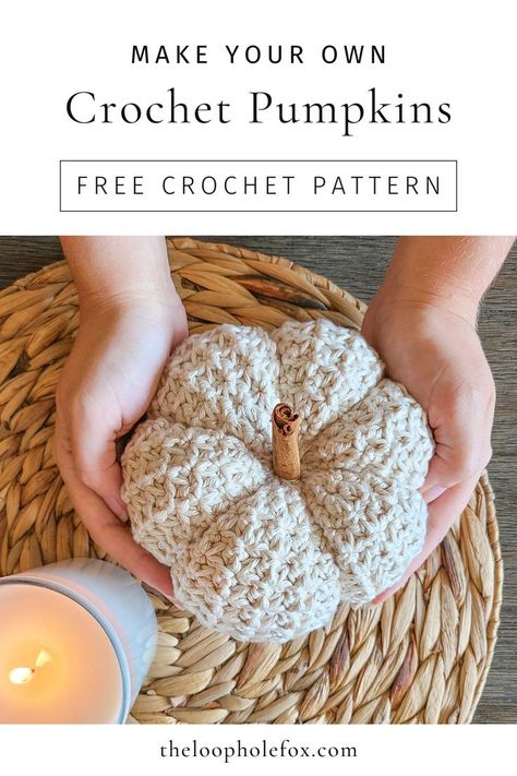 Picture is taken from the top down. It shows hands holding a pumpkin made in cream colored cotton yarn above a round jute placemat, as if just being placed as a piece of crochet home decor. Fall Crochet Projects, Pumpkin Patterns Free, Crochet Fall Decor, Crochet Pumpkins, Fall Crochet Patterns, Halloween Crochet Patterns, Crochet Fall, Holiday Crochet, Crochet Decoration