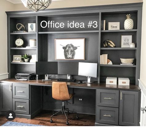 Room Inspo With Tv, Office Library Combo, Home Office Built Ins With Desk, Office Tv Room, Home Office Built Ins, Home Office Layouts, Home Library Rooms, Office Built Ins, Home Office Library