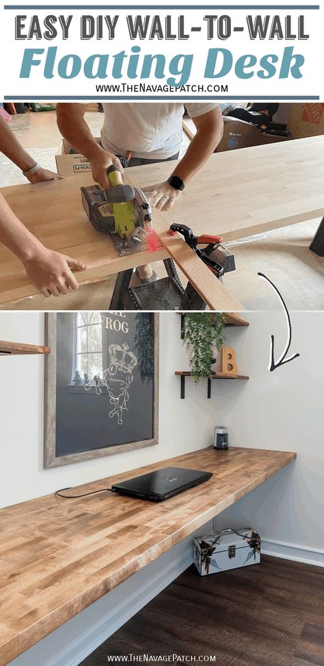 Countertop Office Desk, Floating Wall Table, Diy Wall Desk Ideas, Whole Wall Desk, Diy Desk Butcher Block, Diy Floating Countertop, Floating Butcher Block Desk, How To Make A Floating Desk, Floating Countertop Laundry