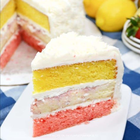 Strawberry & Lemon Summer Layer Cake Apple Bites Recipe, Cake Piece, No Bake Eclair Cake, Strawberry Lemonade Cake, Strawberry Lemon Cake, Recipes Using Cake Mix, Summer Cake Recipes, Lemon Buttercream Frosting, Lemon Layer Cakes