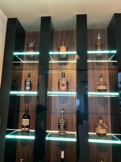 Whiskey Cabinet Ideas, Alcohol Storage Ideas, Liquor Shelf Ideas, Alcohol Shelf, Bar Room Design, Bar Lounge Room, Alcohol Store, Alcohol Shop, Glass Wall Systems