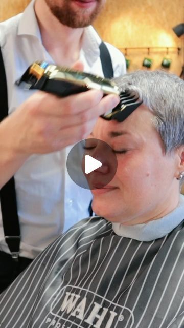 Rene @ HFDZK, Wmn’s Barbershop on Instagram: "✨ Hit play for a transformation that speaks volumes! ✂️✨ Watch Wendy’s wild cowlicks and thick, grey hair get a sleek, feminine makeover. Who said buzz cuts can’t be ultra-chic? 💇‍♀️💫

#PixieCut #Buzzcut #WomensShortHair #PixieBuzz #ShortHairLove #ChicBuzzcut #TrendyPixie #EdgyShortHair #BuzzcutStyle #PixieChic #ModernPixie #BoldBuzzcut #PixieHair #BuzzcutFashion #ElegantShortHair #StylishPixieCut #BoldShortHair #PixieTransformation #ShortHairTrends #FashionableShortHair #BuzzcutMagic #PixiePerfection #ShortHairstyle #CharmingPixie #CreativeCuts #wahlambassador #pixie" Clipper Pixie For Women, Pixie Haircut With Cowlick, Ultra Short Hairstyles For Women, Pixie Highlights And Lowlights, Plus Size Buzz Cut, Extremely Short Hairstyles For Women, Edgy Pixie Cuts Thick Hair, Buzz Cut Hairstyles Woman, Short Buzzed Hair Woman