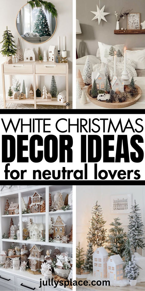 White Christmas Decor Christmas Decor With White Pitchers, Cream Christmas Decor Ideas, White Christmas Tree Ideas Farmhouse, Neutral Christmas Wall Decor, Gold And Neutral Christmas Decor, Winter Forest Decorations Christmas Decor, Neutral Christmas Decor Ideas Diy, Christmas Decor Ideas For Built Ins, Wood And White Christmas Decor