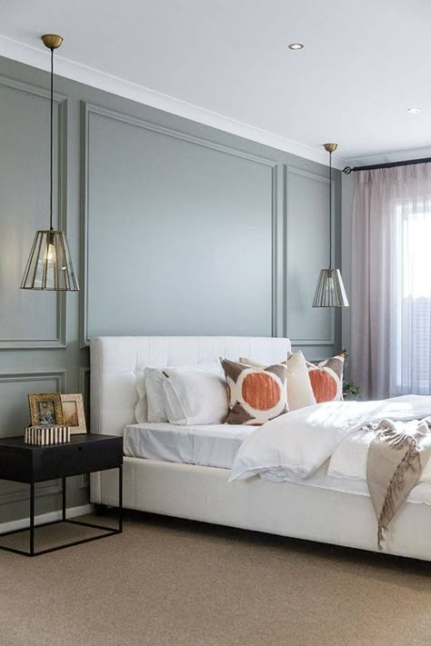 Box Trim Behind Bed, Wall Trim Behind Bed, Moulding Accent Wall Bedroom, Box Moulding Bedroom, Wall Moulding Ideas Bedroom, Bedroom Wall Molding, Bedroom Inspirations Master Color Schemes, Bed Design Modern Luxury, Bed Design Ideas