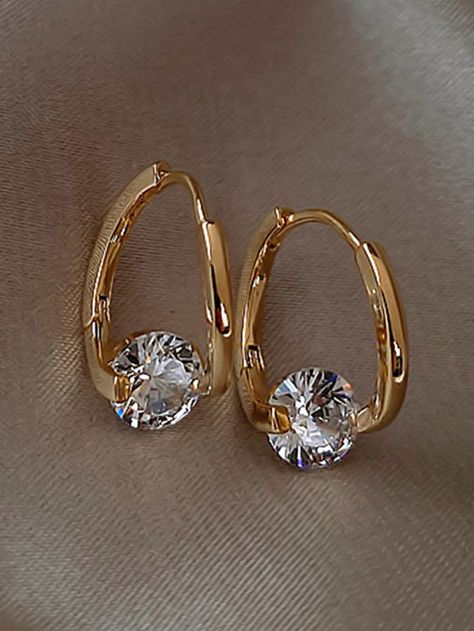 1pair Women's Gold-Color Geometric Micro-Pave Cubic Zirconia Hoop Earrings, Simple & Fashionable For Daily Wear PartyI discovered amazing products on SHEIN.com, come check them out! Fashion Bride Dresses, Real Jewelry, Gold Collar, Jewelry Fashion Trends, Gold Party, Earrings Simple, Color Dorado, Simple Earrings, Stylish Jewelry