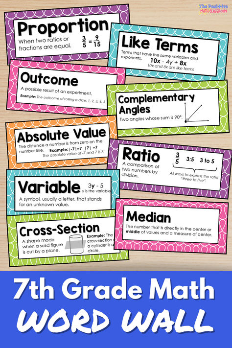 Help your 7th grade math students with important math vocabulary all year long by creating a word wall. Add words as you start each new chapter and students will be able to use the wall as reference for math writing and more. Click to learn more. Math Word Wall Middle School, Maths Classroom Displays, Math Word Wall, Math Vocabulary Words, Student Reference, Math Expressions, Math Word Walls, Vocabulary Word Walls, Math Writing