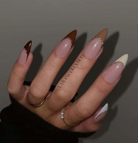 Simple Brown And White Nails, Different Shades Of Brown Nails French Tip, Almond Nails Aesthetic Winter, Brown And Gold French Nails, White And Brown Fall Nails, Elegant Office Nails, Fall Ombre French Tip Nails, Birthday Nails For October, Almond Brown Nails Design