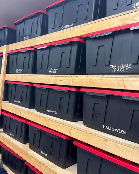 SOS • Home Organizing/Design on Instagram: "Holiday storage time! We suggest matching or color coded bins by season! I prefer solid bins over clear - I think it looks cleaner in a garage or attic. Just make sure you don’t forget to add a large label to easily determine exactly what they hold! 🆘💪🏼👏🏼 Are you team take Christmas down asap? Or leave it up and savor the season? 🎄🎁🎅🏽" Christmas Storage Room, Storage Bin Organization, Holiday Storage Room, Christmas Organization Storage, Storage Bin Categories, Holiday Decor Organization Garage, Garage Holiday Storage, Christmas Storage Organization, Holiday Storage Ideas