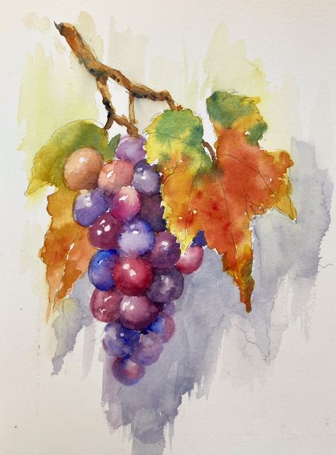 Transparent watercolor grapes demo Small Watercolor Paintings, Kitchen Painting Art, Grape Drawing, Watercolor Studio, Vineyard Art, Grape Painting, Fruit Wall Art, Art Sketches Doodles, Contemporary Watercolor