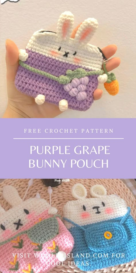 This is a cute purple grape bunny personal pouch that is very easy to make. You can use this as a coin purse or a personal pouch! Amigurumi Coin Purse, Diy Cute Pouch, Bunny Purse Pattern, Cute Crochet Pouch Free Pattern, Crochet Coin Purse Free Pattern Easy, Crochet Cute Things Easy, Crochet Small Pouch Pattern Free, Free Crochet Pouch Pattern, Personal Pouch Crochet