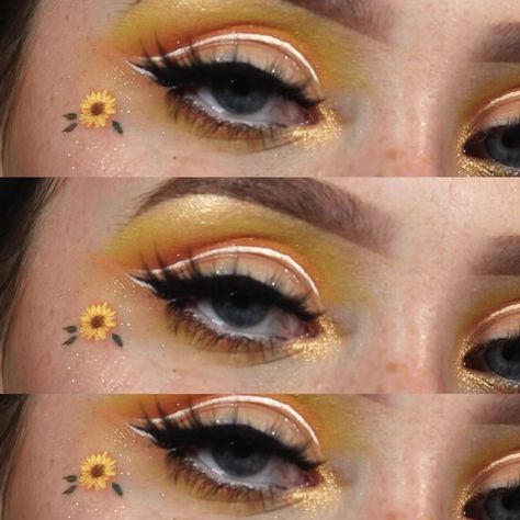 Sunflower Eye Makeup, Sunflower Makeup, Colourful Eyeshadow, Guard Costume, Sunflower Tutorial, Grad Makeup, Bee Makeup, Everyday Eyeshadow, Funky Makeup