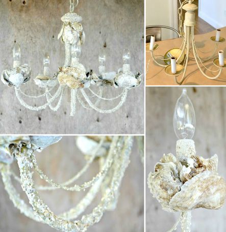 DIY Upcycled Shell Chandeliers  http://www.completely-coastal.com/2015/08/diy-shell-chandelier.html Seashell Chandelier, Coastal Chandelier, Simple Chandelier, Seashell Mirror, Shell Chandelier, Oyster Shell Crafts, Nautical Crafts, Shell Decorations, Living Vintage