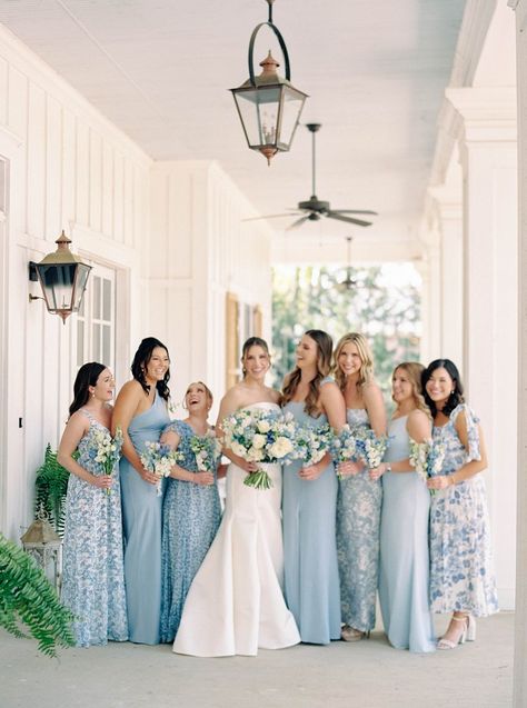 Blue Mismatched Bridesmaids, Bridesmaids Dresses Spring, Bridesmaids Dresses Spring Wedding, White Garden Wedding, Bridal Party Color Schemes, Mismatched Bridesmaids Dresses, White Sparrow Barn, White Sparrow, Spring Bridesmaid Dresses