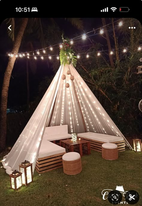 Teepee Tent With Fairy Lights, Teepee With Lights, Terrace Party Ideas, Wedding Teepee, Teepee Outdoor, Schnee Party, Outdoor Teepee, Garden Dinner, Diy Doll House