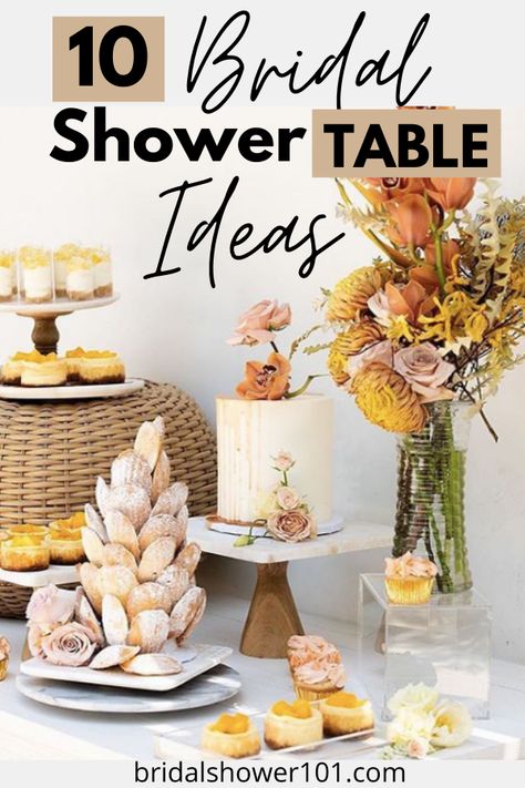 Bridal Shower Brunch Table Decorations, Decorating A Bridal Shower Table, Wedding Shower Food Table Decor, Bridal Buffet Table, Wedding Shower Buffet Table Ideas, Table Decorations For Bridal Party, Bridal Shower Food Table Set Up, Bridal Shower Food Table Decor, Bridal Shower Simple Centerpieces