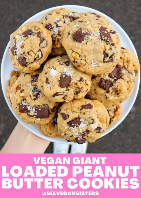 These cookies are loaded with peanut butter, vegan chocolate, crisp rice cereal, walnuts, and oats. They’re thick, soft, and chewy. And (of course) absolutely delicious. #vegan #veganrecipes #vegandessert #vegancookies #sixvegansisters Loaded Peanut Butter Cookies, Thick Cookie Recipes, Vegan Cereal, Six Vegan Sisters, Chocolate Crisp, Vegan Chocolate Chip Cookie Recipe, Best Vegan Cookies, Creative Sweets, Bloom Bakery