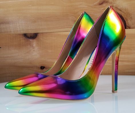 Rainbow Heels, Metallic Rainbow, Womens Shoes High Heels, Kinds Of Shoes, Heel Type, High Heel Boots, Heel Shoes, Womens High Heels, Beautiful Shoes