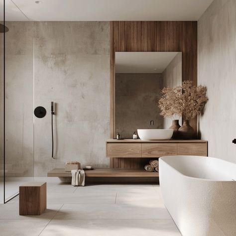 Minimalist Bathroom Ideas, Spa Inspired Bathroom, Minimalist Bathroom Design, Mid Century Minimalist, Bathroom Inspiration Decor, Inspirational Design, Minimalist Bathroom, Wood Accents, Bathroom Inspiration