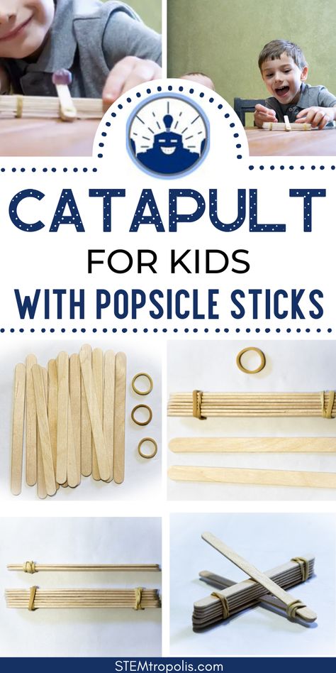 Craft sticks and popsicle sticks belong in any craft kit or maker space. They're great materials for quick and easy projects.  We made a catapult and our kids love launching it!  Find out how you can make a DIY catapult with easy instructions.  Click to find kids activities, STEM challenges, STEAM projects and science experiments at STEMtropolis.com Stem Catapult, Catapult For Kids, Diy Catapult, Popsicle Stick Catapult, Fun Kids Activities, Steam Projects, Maker Space, Craft Sticks, Stem Kits