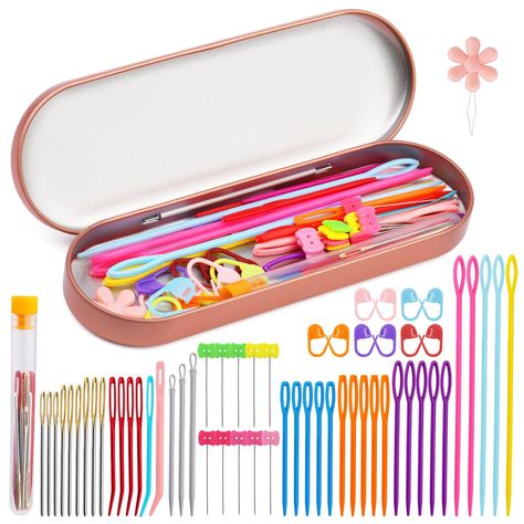 PRICES MAY VARY. Package Includes: 20 pcs plastic big eye needles, 9 pcs gold tailed blunt big eye needles, 6 pcs bent tip tapestry needles (4 aluminum, 2 plastic), 3 pcs nylon wire knitting needles, 1 pcs needle bottle, 10 pcs stitch markers, 10 pcs button shaped flat head straight pins, a flower shaped threader, and a champagne colored metal storage box. Easy to Use: Our large needle eye design makes the darning needles easy to pass through whether it is thick yarn or fine yarn when you thread Colorful Knitting, Loom Scarf, Wire Knitting, Crochet Sewing, Needle Kit, Loom Knitting Patterns, Straight Pins, Sewing Needles, Metal Storage