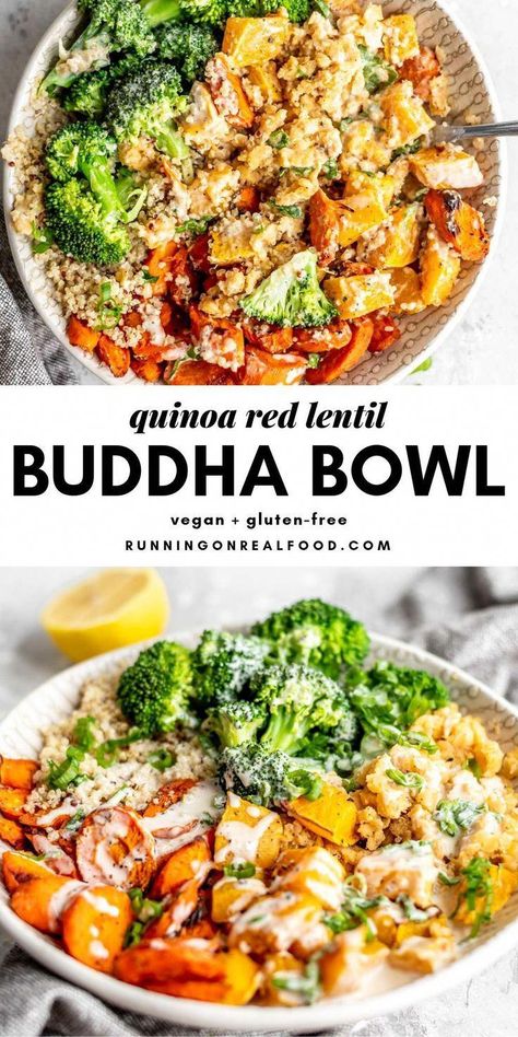 Lentil Quinoa Bowl, Lentil Quinoa, Vegan Buddha Bowl, Vegan Lentil, Rice Recipes For Dinner, Aloo Gobi, Resep Diet, Red Lentils, Quinoa Bowl