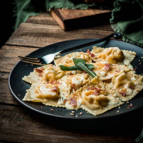 Pumpkin Ravioli with Parmesan Sage Cream Sauce - Cooking With Wine Blog Pumpkin Ravioli Sauce, Sage Cream Sauce, Cooking With Wine, Ravioli Sauce, Asparagus Dishes, Ravioli Filling, Pumpkin Ravioli, Cream Sauce Pasta, Make Your Own Pasta