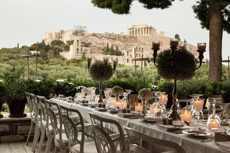 Under the breathtaking view of the Acropolis...this wedding couldn't be more elegant! Athens Greece Wedding Venues, Athens Wedding, The Acropolis, Outdoor Wedding Inspiration, Greek Culture, Fashion Diva, Greece Wedding, Sunset Wedding, Outdoor Weddings