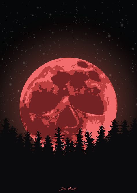 #moon #bloodmoon #forest #nightsky #sky #stars #redmoon #skullmoon #skull #art #artwork #illustration #design Skull Moon Art, Moon Art Drawing, Red Moon Tattoo, Loving Aesthetic, Band Collage, Moon Skull, Scenic Painting, Spooky Moon, Skull Moon