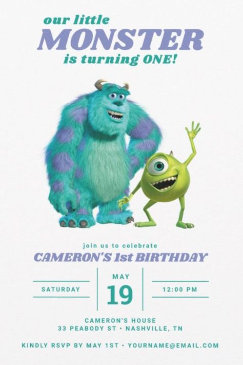 Monsters Inc. 1st Birthday Invitation
Invite all your family and friends to your Baby's First Birthday with these sweet Monsters Inc. invitations. Personalize by adding all your party details! Monsters Inc 1st Birthday, Monsters Inc Invitations, Monster 1st Birthdays, Monster Inc Birthday, Boys 1st Birthday Party Ideas, Monster Inc, Baby's First Birthday, Twins 1st Birthdays, Monster Birthday Parties