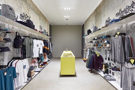 Base Streetwear Store * Retail Interior Design Project in an orthogonal yellow focused store space. — ness Streetwear Store Design, Streetwear Store Interior Design, Streetwear Store Interior, Interior Store Design, Streetwear Boutique, Streetwear Store, Retail Store Interior Design, Clothing Store Interior, Retail Space Design