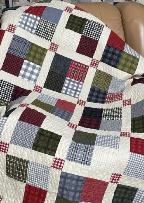 Easy Quilts For Men Simple, Mens Plaid Shirt Quilts, Flannel Shirt Quilt Ideas, Male Quilts Patterns, Men’s Quilts, Quilt For Men, Quilts For Men Patterns, Flannel Quilt Patterns, 4 Patch Quilts