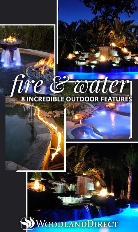 Fire and water create visually appealing displays that are equal parts exciting, mesmerizing, and relaxing when paired together. You may not think these two opposing elements would make a great match, but their differences actually complement each other in a way that heightens the beautiful qualities present in each. Check out these 8 incredible custom fire & water features! https://www.woodlanddirect.com/Incredible-Fire-and-Water-Features Swimming Pool Fire Features, Fire Pit Waterfall Combo, Fire Pit With Water Feature Backyards, Fire Water Fountain, Water And Fire Features For The Yard, Outdoor Fire Feature Ideas, Pool Waterfall With Fire Bowls, Pool With Fire Bowls Water Features, Pools With Fire Bowls