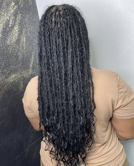 Boho Dreads Black Women, Human Hair Locs, Small Faux Locs Long, Mid Back Distressed Locs, Bohemian Locs Goddess, Large Faux Locs, Small Boho Locs, Faux Locs With Curly Ends, Boho Invisible Locs