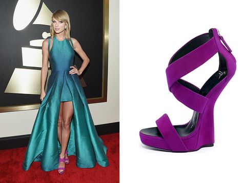 Taylor Swift was spotted in a gorgeous teal dress from Elie Saab, Lorraine Schwartz earrings and ring and Ofira pave bands. The shoes are Giuseppe Zanotti Concave wedge sandals from 2013 spring summer collection, featuring a wide toe strap, two crossover front straps, a short back zip fastening and a concave wedge heel. Grammy 2015 Taylor Swift Grammys, Taylor Swift Shoes, Red Carpet Shoes, Grammys 2015, Lorraine Schwartz, 2015 Red Carpet, Chiko Shoes, Fan Girling, Elie Saab Spring