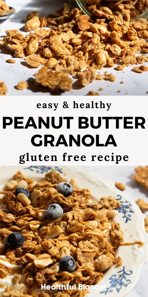 This is seriously the best quick and healthy homemade granola with peanut butter! It’s chunky, naturally sweetened with maple syrup, and made without oil. An easy refined sugar-free, vegan meal prep snack or gluten free breakfast. Comes together in under 30 minutes! Homemade Sugar Free Granola, Healthy Peanut Butter Granola, Peanut Butter Granola Recipe, Sugar Free Granola, Homemade Granola Healthy, Granola Recipe Healthy, Meal Prep Snacks, Peanut Butter Granola, Gluten Free Granola