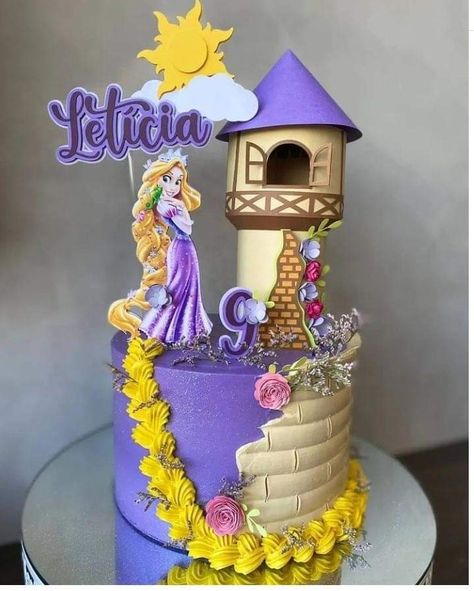 Rapunzel Cake Ideas Simple, Happy Birthday Cake Girl, Rapunzel Cake Topper, Rapunzel Birthday Cake, Princess Peach Party, Bolo Rapunzel, Carousel Birthday Parties, Rapunzel Cake, 9th Birthday Cake