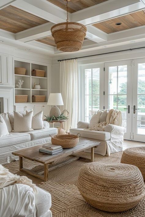 Luxury Beach House Interior, Coastal Cottage Living Room, Neutral Coastal Decor, Modern Coastal Living Room, Coastal Calm, Modern Coastal Home, Farmhouse Living Room Decor Ideas, Modern Farmhouse Living, Coastal Interiors Design