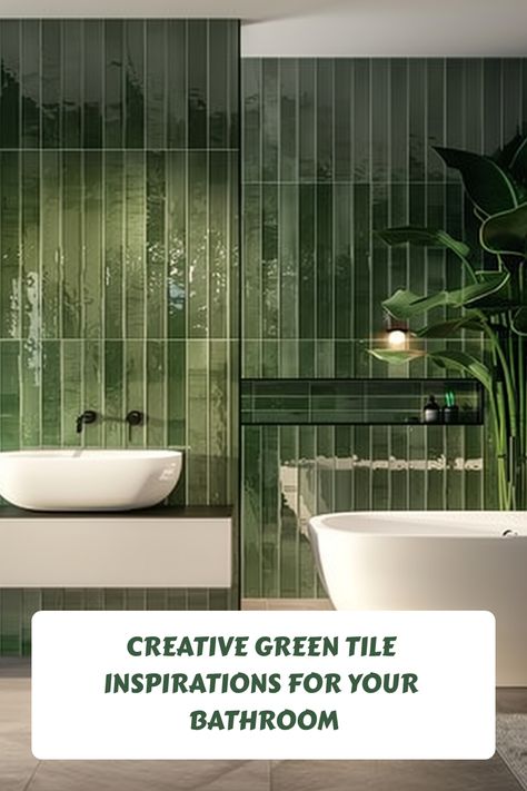 Modern bathroom with green tiled walls and a white freestanding basin, highlighting creative design inspiration. Jade Green Bathroom Tiles, Green Tile Ensuite, White Green And Black Bathroom, Small Ensuite Tile Ideas, Green Wood Bathroom, Dark Green Bathroom Tiles, Sage Green Tile Bathroom, Green Tiled Bathrooms, Green Tile Ideas