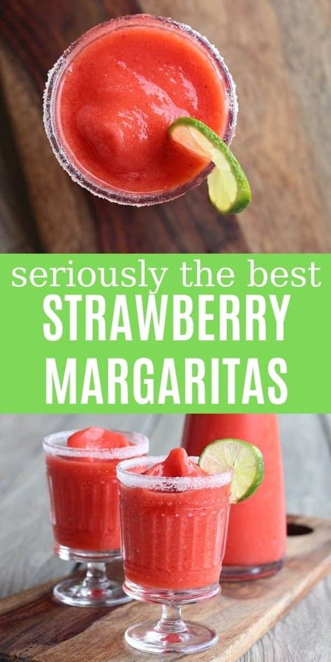 This frozen strawberry margarita recipe is beyond easy to make and so refreshing. Just a few ingredients and a blender is all you need! Everyone will be begging you for the recipe. How To Make Frozen Strawberry Lemonade, Strawberry Slush Alcohol, Strawberry Margaritas Frozen, Big Batch Strawberry Margarita Recipe, Blended Strawberry Margarita Recipe, How To Make Frozen Margaritas At Home, Fresh Strawberry Daiquiri Recipe, Simple Strawberry Margarita Recipe, Cheap Margarita Recipe