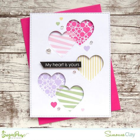 Valentine Cards To Make, Valentines Day Cards Handmade, Sugarpea Designs, Heart Prints, Photo Album Craft, Valentine Cards Handmade, St Valentin, Heart Cards, Card Layout