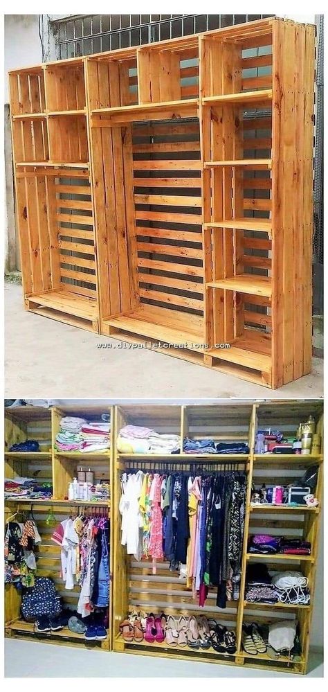 Marvelous Creations, Diy Pallet Decoration, Pallet Wardrobe, Diy Dressing, Pallet Closet, Pallets Diy, Wooden Pallet Furniture, Diy Wardrobe, Closet Remodel