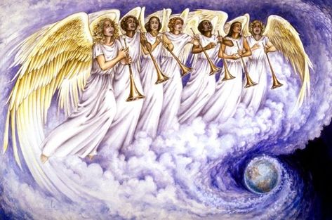 7 Trumpets of the Book of Revelation - 7 Angels given 7 Trumpets Seven Trumpets, Caim E Abel, Entertaining Angels, Book Of Revelation, Biblical Art, Bible Prophecy, Trumpets, Little Angel, King Of Kings