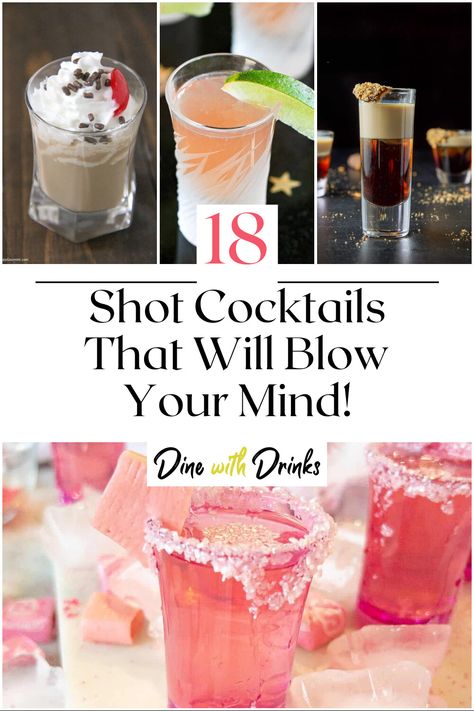 Collage of 4 shot cocktails. Drinks Alcohol Recipes Shots, Shots For Party Alcohol, Nye Shots Cocktail Recipes, Wedding Shots Alcohol Ideas, Drinks To Serve At A Party, Drinks Alcohol Recipes Bar, Cute Shots Alcohol, Birthday Shooters Alcohol, Mini Bottle Cocktail Recipes