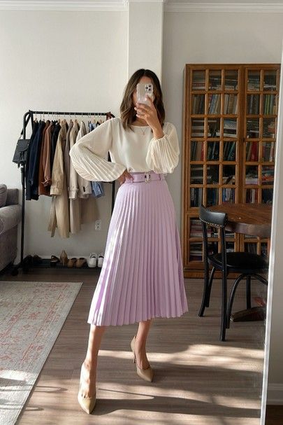 Lavender Midi Skirt, White Blouse Skirt Outfit, Lavender Pleated Skirt Outfit, Lilac Work Outfit, Lilac Midi Skirt Outfit, Lilac Maxi Skirt Outfit, Lilac Pleated Skirt Outfit, Easter Skirt Outfit, Purple Skirt Outfit Summer