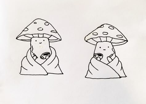 toadstools, mushroom, coffee, cigarette, blanket, rest, tattoo, cute Easy Doodle Art Mushrooms, Mushroom With Face Tattoo, Bestie Mushroom Tattoo, Mushroom Knife Tattoo, Mushroom Holding A Knife Drawing, Tiny Mushroom Tattoo Matching, Mushroom Friendship Tattoos, Friendship Mushroom Tattoo, Cute Matching Mushroom Tattoos